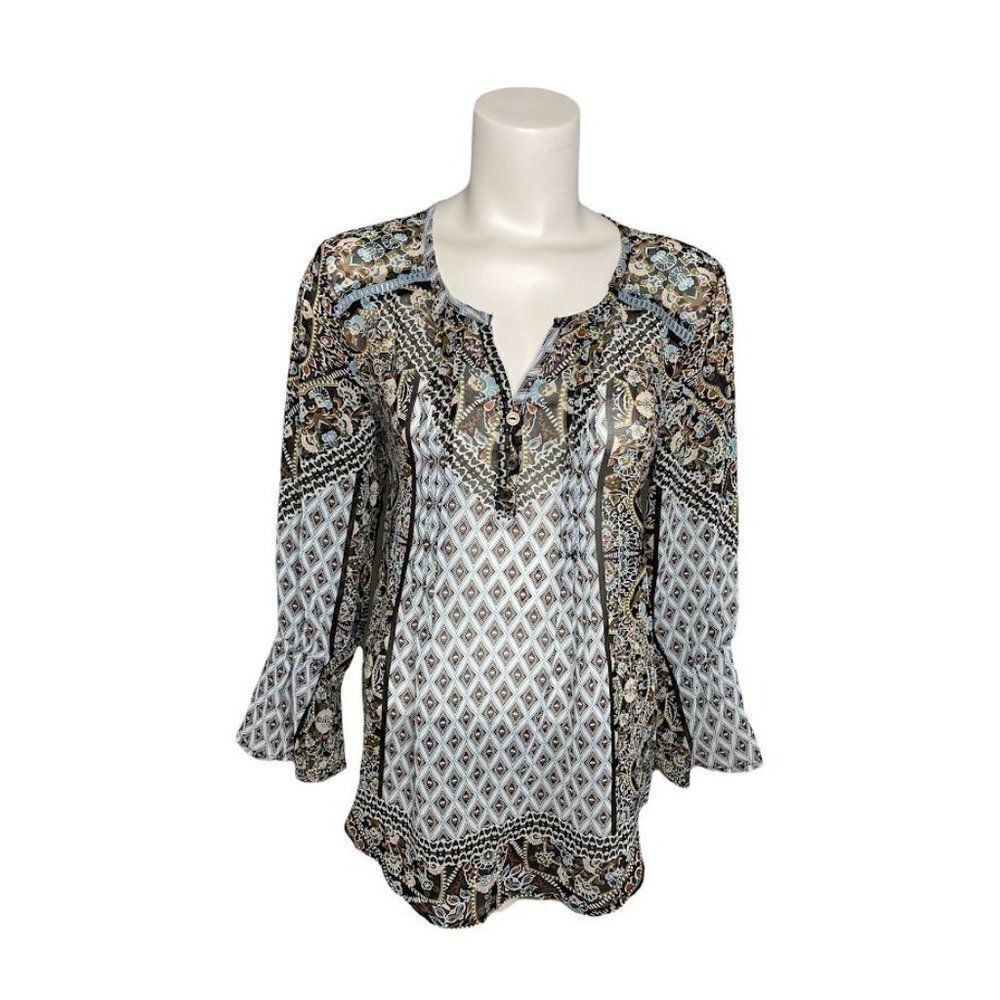 Style & Co‎ Blue Black Print Chiffon Split Neck Blouse Top XS